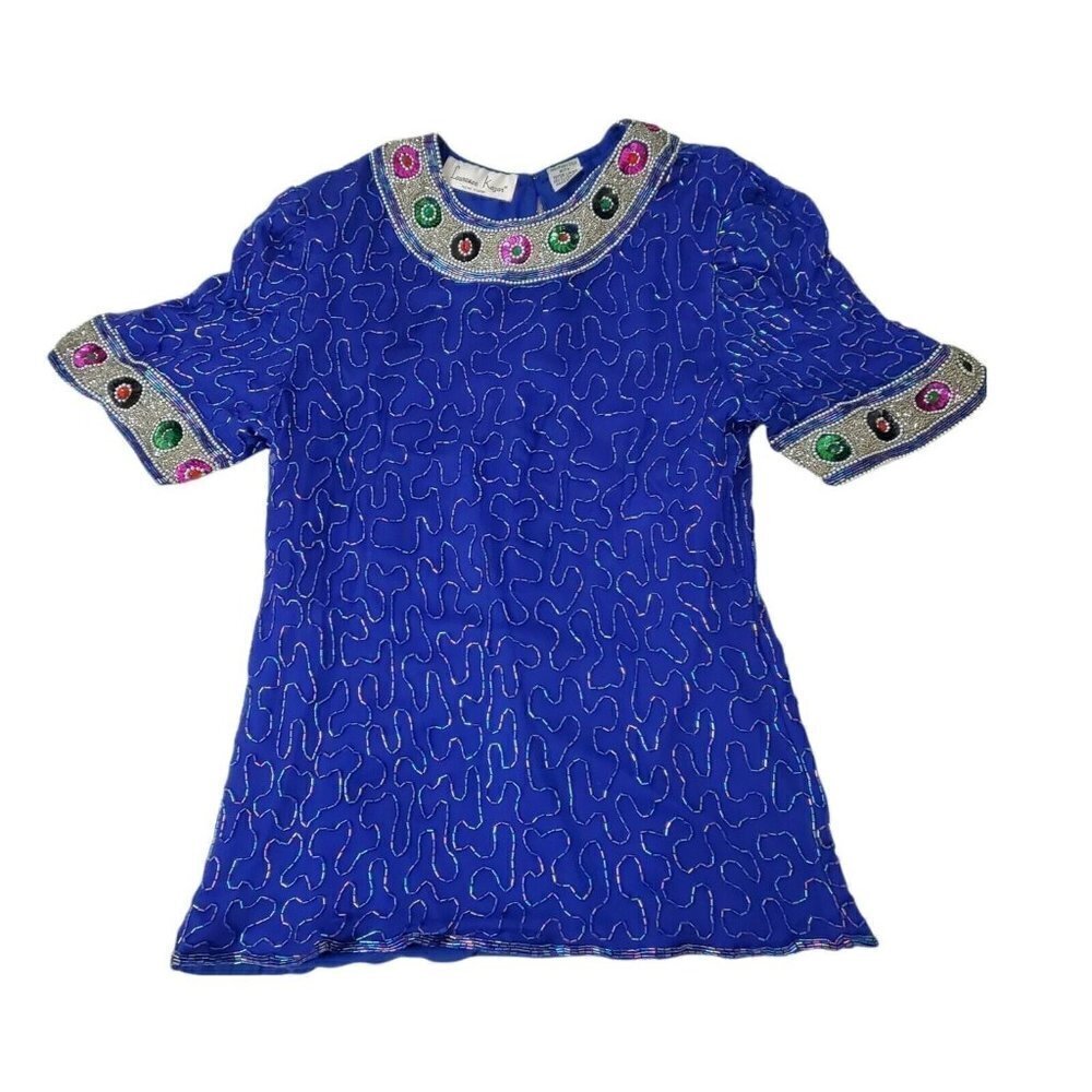 Laurence Kazar Pure Silk Blouse Large Womens Blue Sequin Beaded Top Short Sleeve